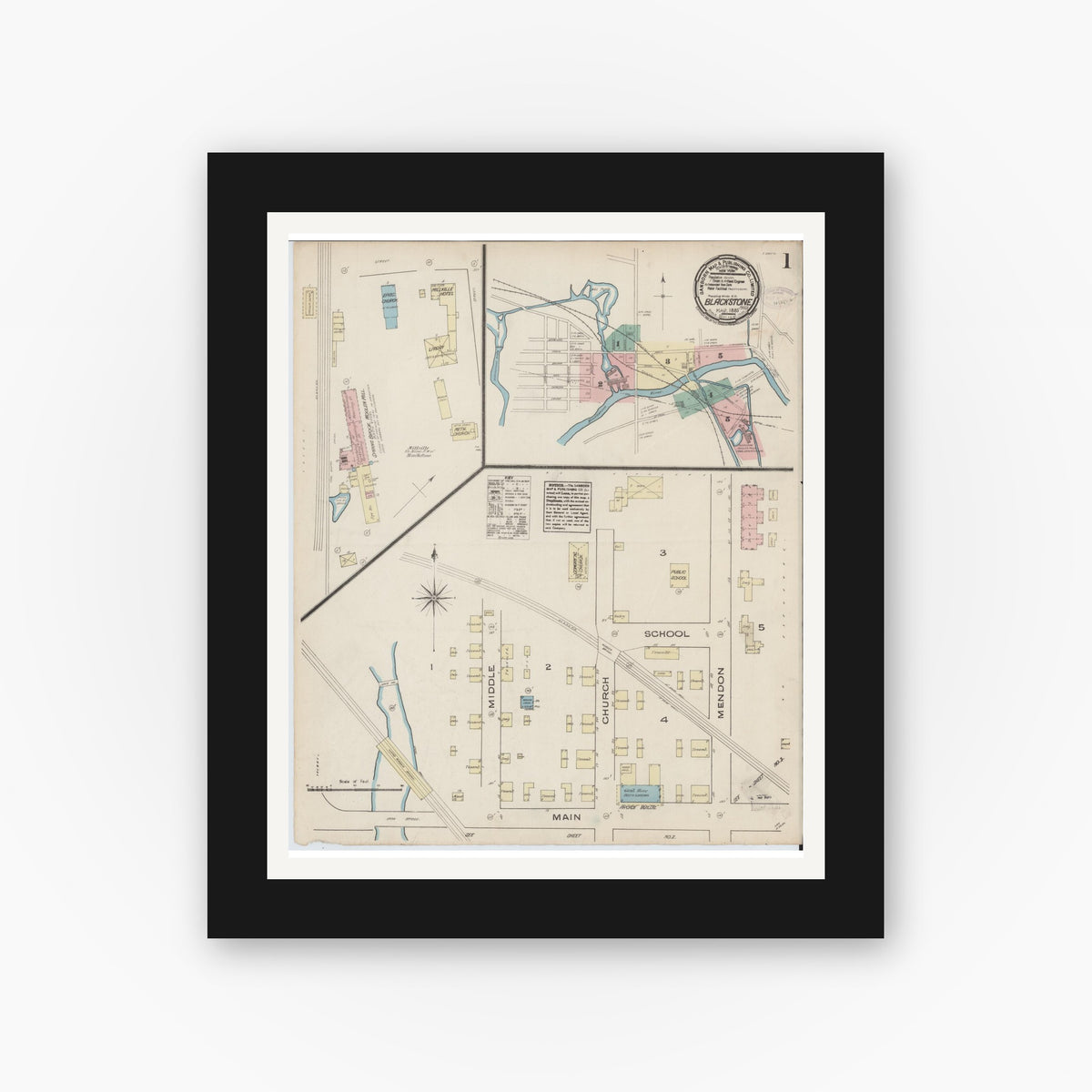 Old map wall art mockup — black gallery frame with white mat — Sanborn Fire Insurance Map from Blackstone, Worcester County, Massachusetts (1885), Sheet #0001