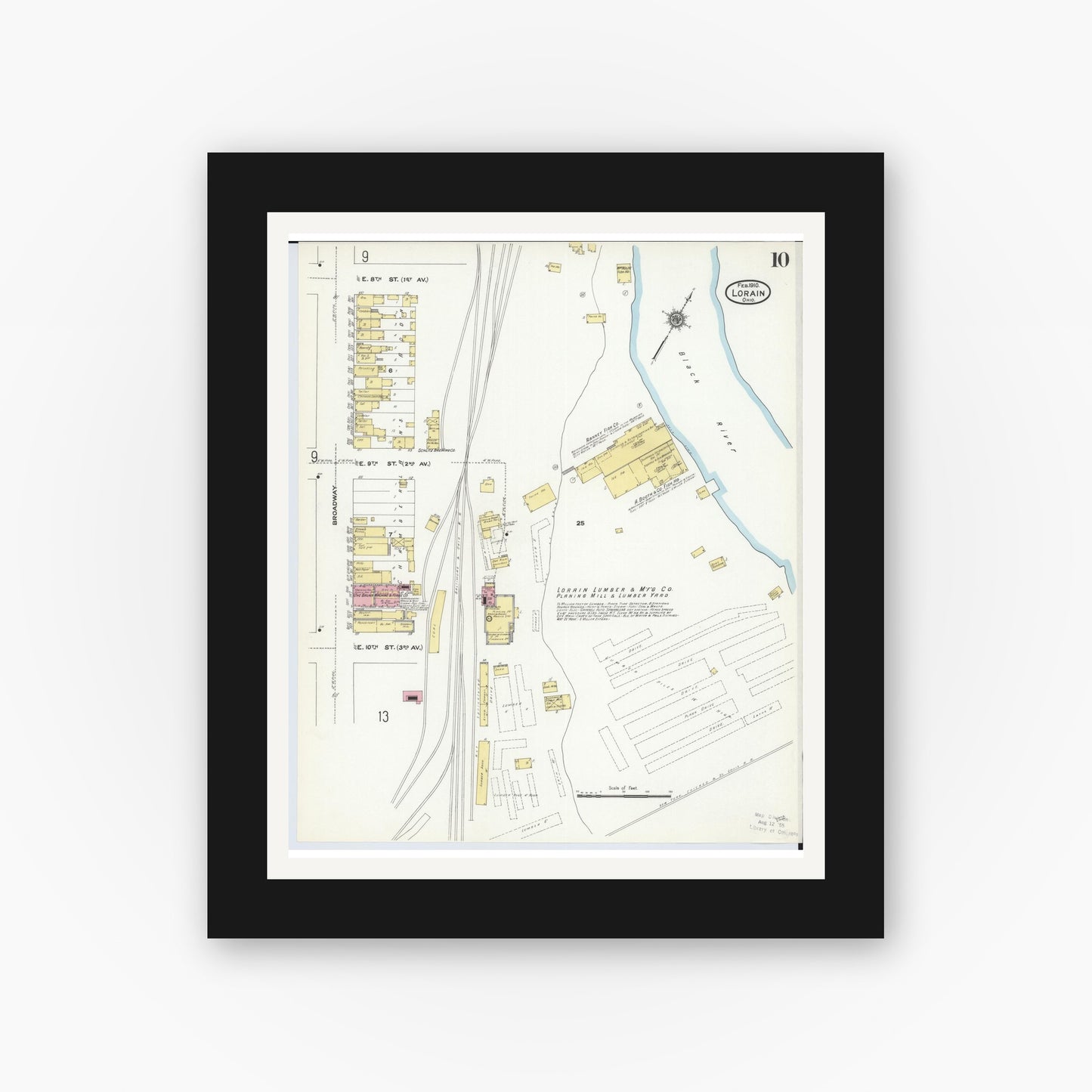 Old map wall art mockup — black gallery frame with white mat — Sanborn Fire Insurance Map from Lorain, Lorain County, Ohio (1910), Sheet #0010