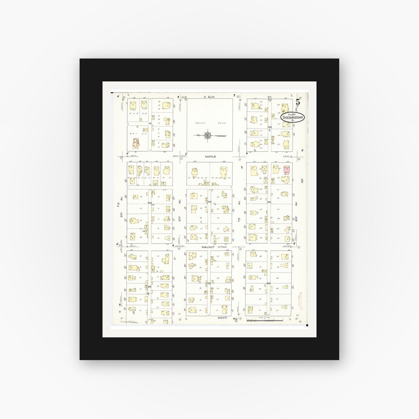 Old map wall art mockup β black gallery frame with white mat β Sanborn Fire Insurance Map from Shenandoah, Page County, Iowa (1914), Sheet #0005