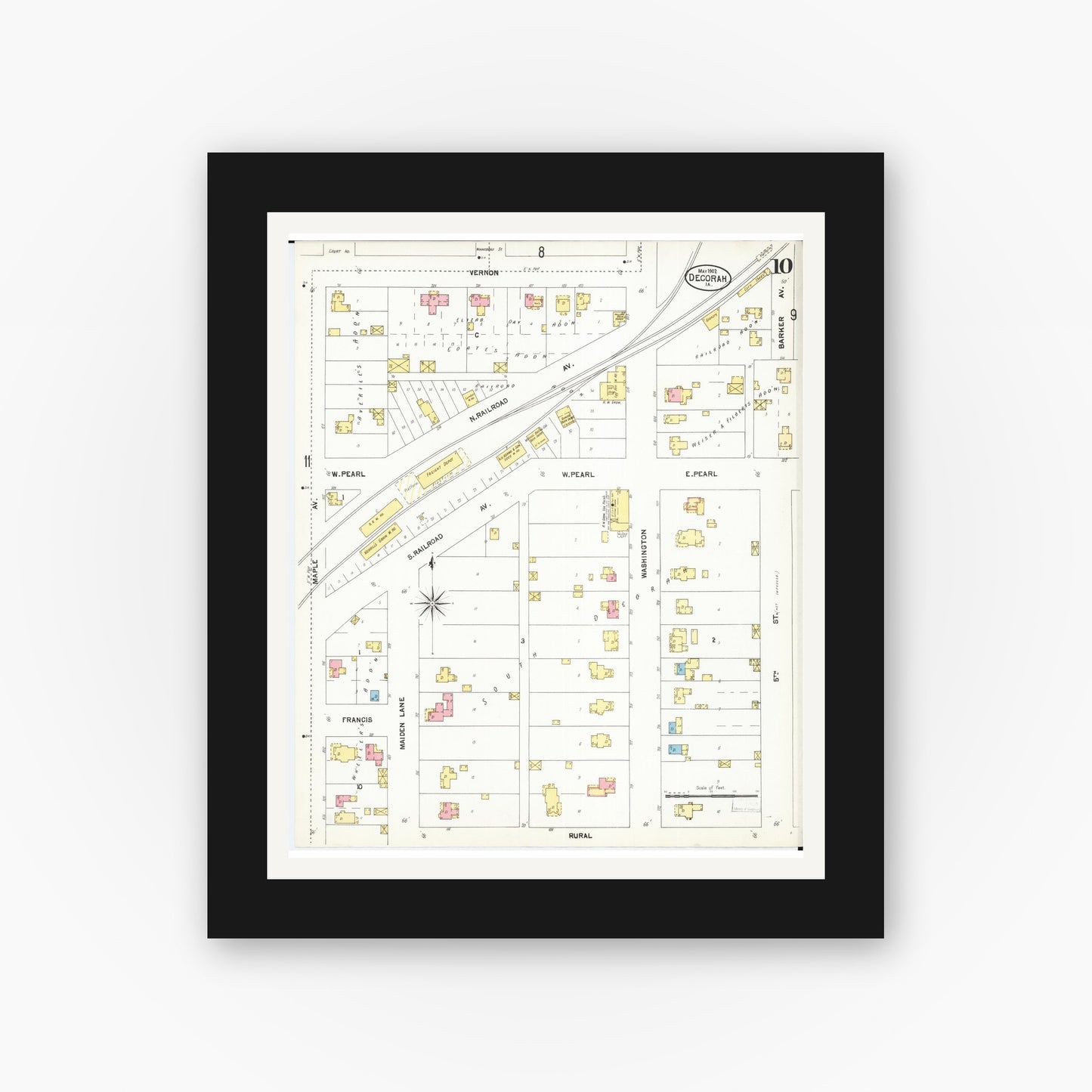 Old map wall art mockup — black gallery frame with white mat — Sanborn Fire Insurance Map from Decorah, Winneshiek County, Iowa (1902), Sheet #0010