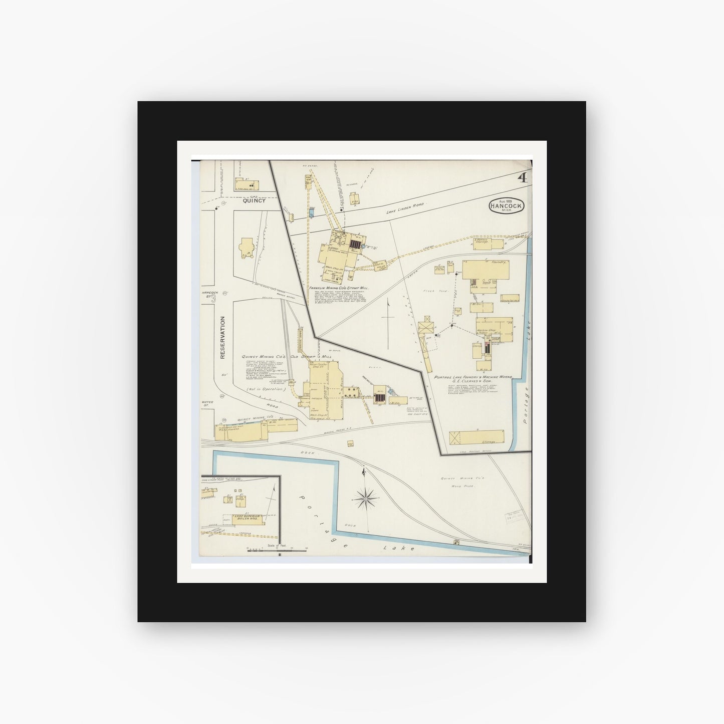 Old map wall art mockup — black gallery frame with white mat — Sanborn Fire Insurance Map from Houghton, Houghton County, Michigan (1893), Sheet #0004