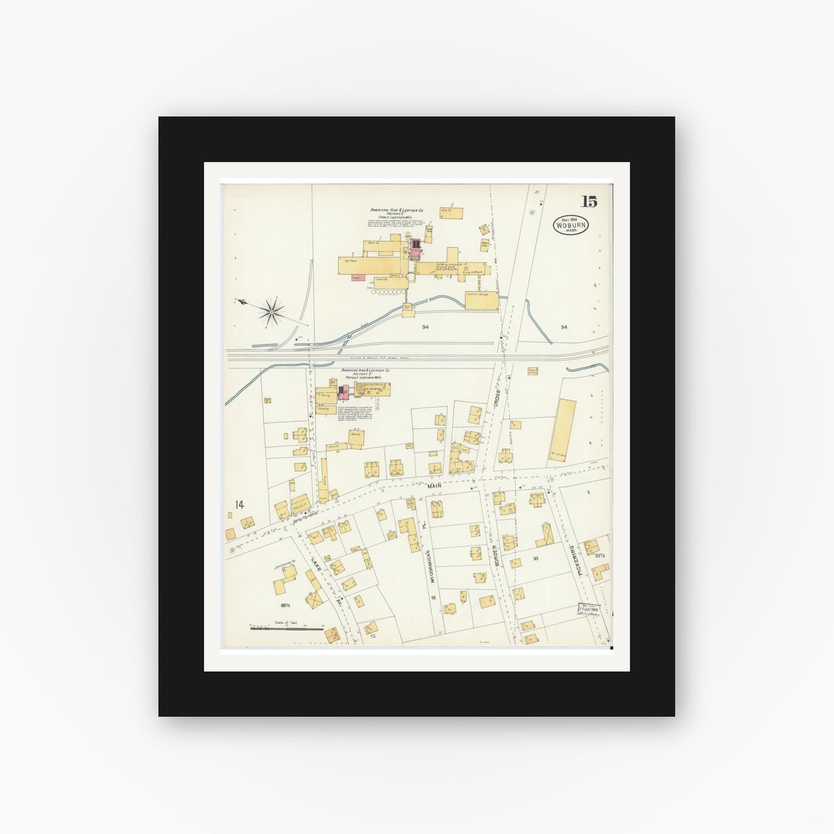 Old map wall art mockup — black gallery frame with white mat — Sanborn Fire Insurance Map from Woburn, Middlesex County, Massachusetts (1904), Sheet #0015