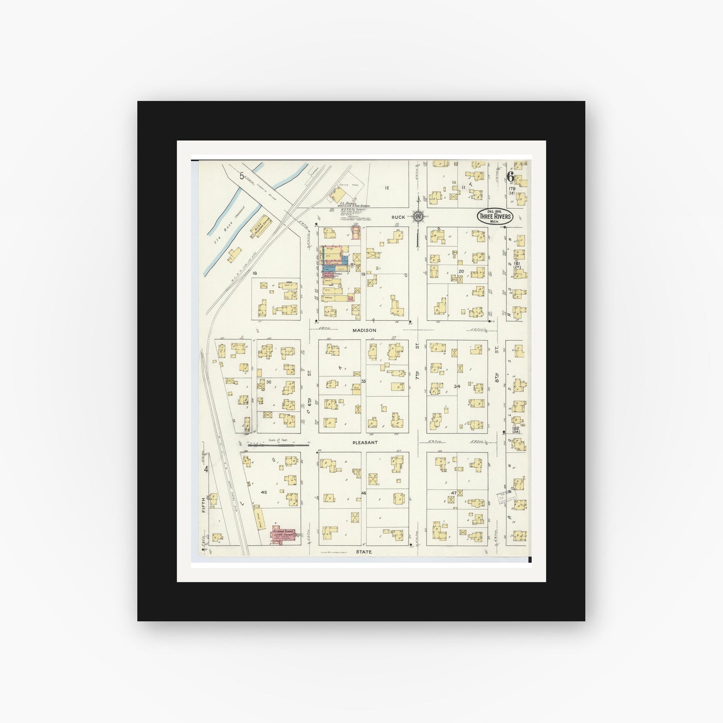 Old map wall art mockup — black gallery frame with white mat — Sanborn Fire Insurance Map from Three Rivers, Saint Joseph County, Michigan (1916), Sheet #0006