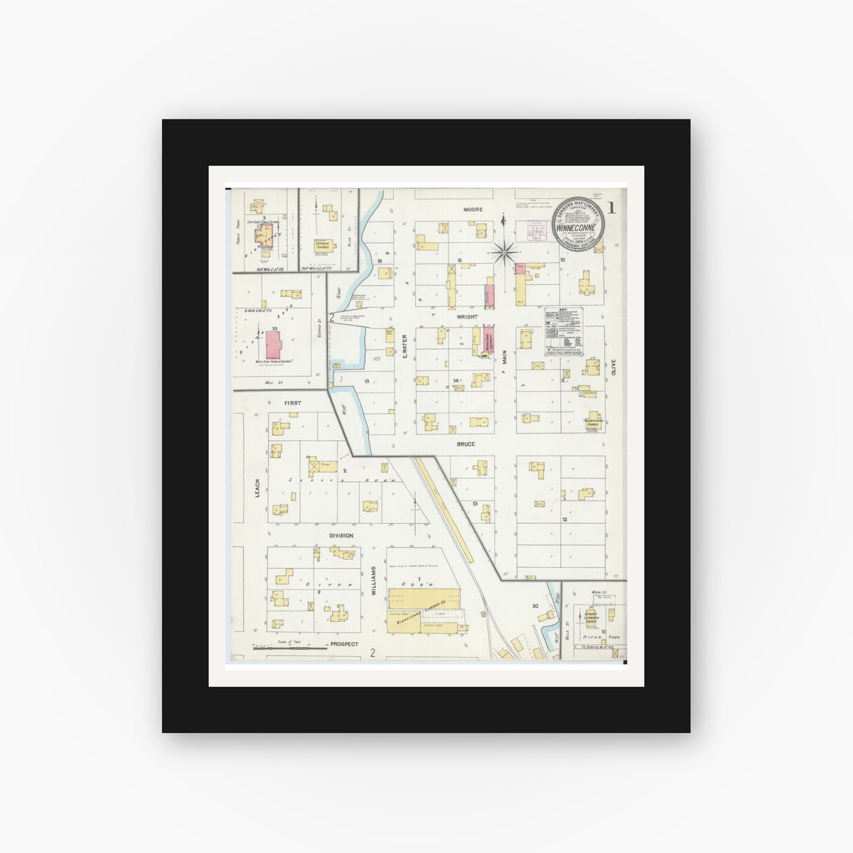 Old map wall art mockup — black gallery frame with white mat — Sanborn Fire Insurance Map from Winneconne, Winnebago County, Wisconsin (1904) - Complete Map Set