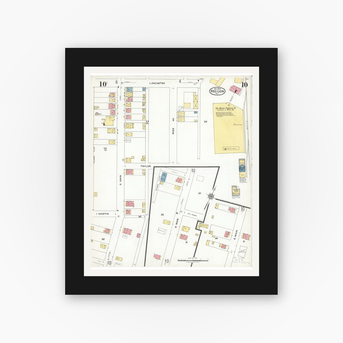 Old map wall art mockup β black gallery frame with white mat β Sanborn Fire Insurance Map from Red Lion, York County, Pennsylvania (1923), Sheet #0010