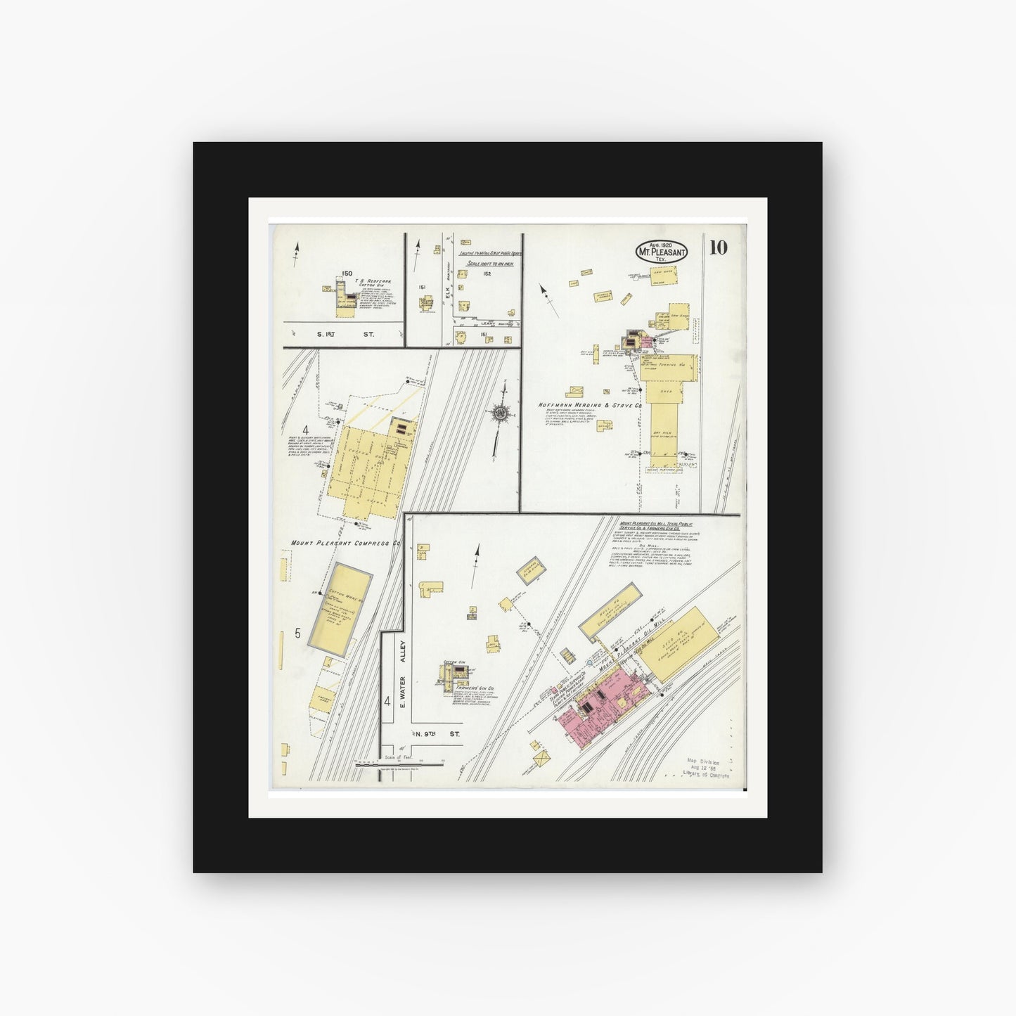 Old map wall art mockup — black gallery frame with white mat — Sanborn Fire Insurance Map from Mount Pleasant, Titus County, Texas (1920), Sheet #0010