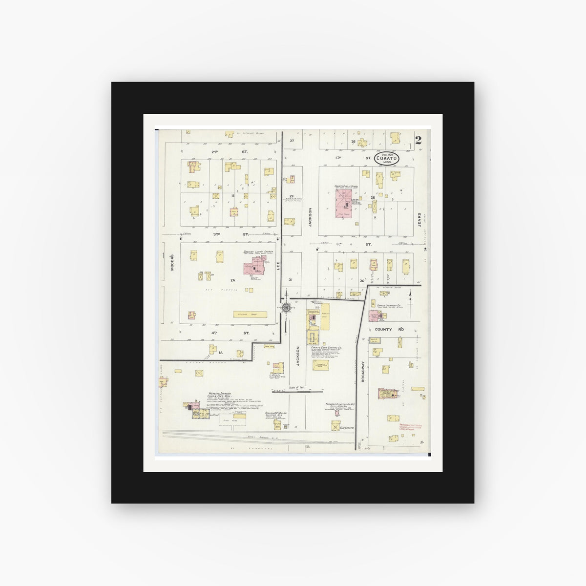 Old map wall art mockup — black gallery frame with white mat — Sanborn Fire Insurance Map from Cokato, Wright County, Minnesota (1909), Sheet #0002