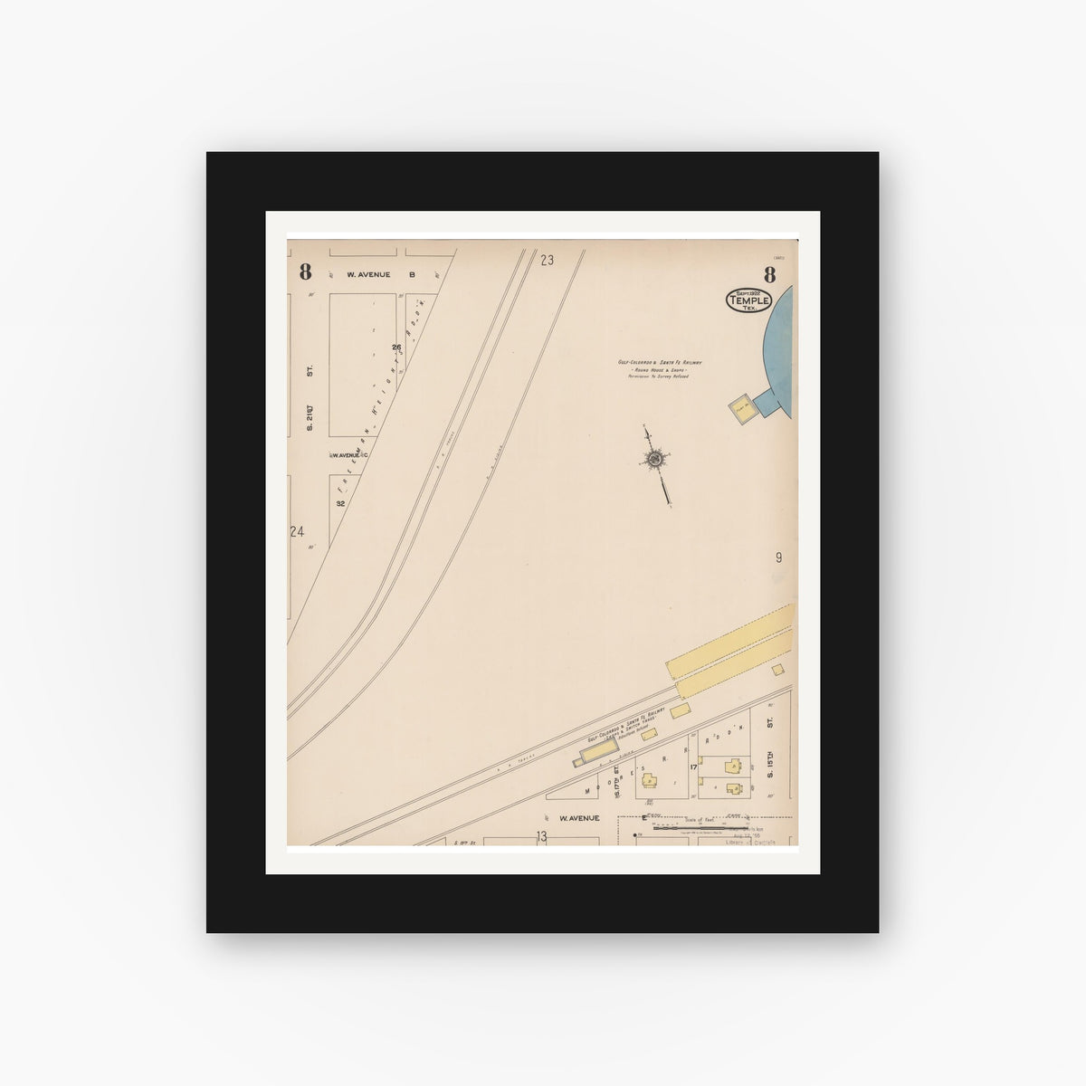 Old map wall art mockup — black gallery frame with white mat — Sanborn Fire Insurance Map from Temple, Bell County, Texas (1922), Sheet #0008