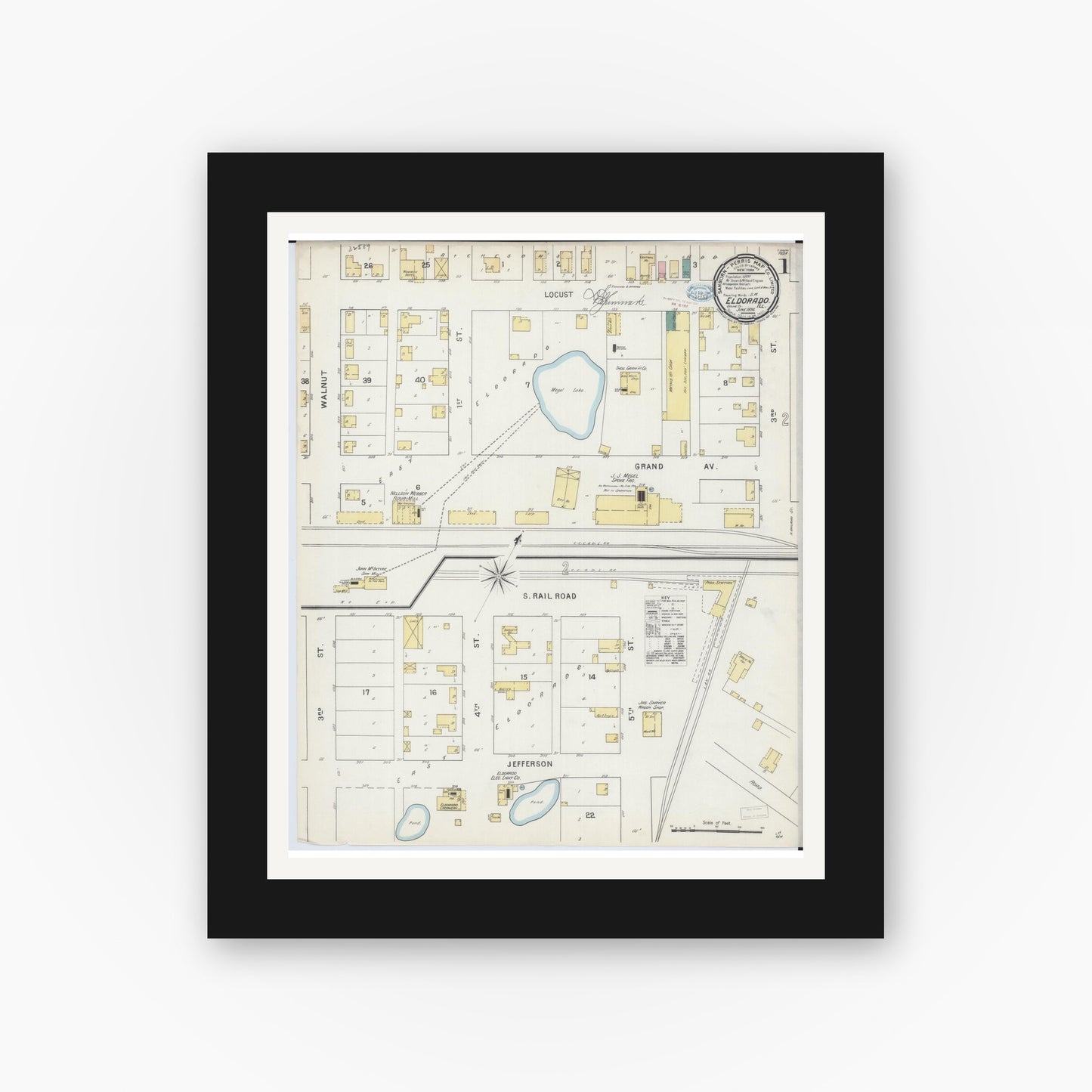 Old map wall art mockup — black gallery frame with white mat — Sanborn Fire Insurance Map from Eldorado, Saline County, Illinois (1894), Sheet #0001