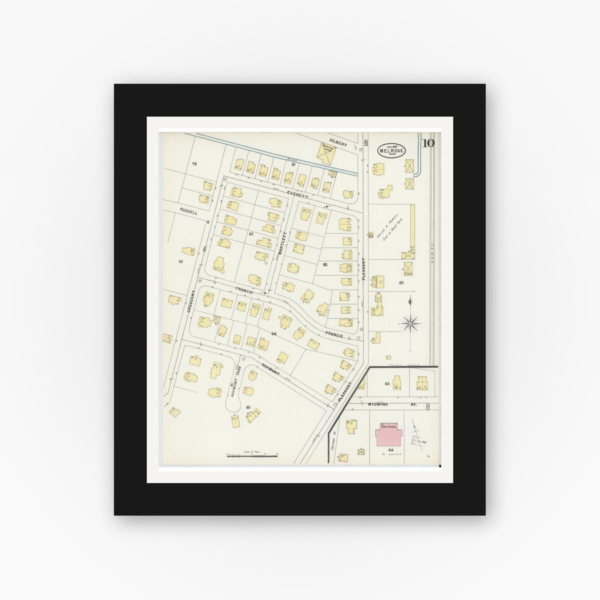 Old map wall art mockup — black gallery frame with white mat — Sanborn Fire Insurance Map from Melrose, Middlesex County, Massachusetts (1897), Sheet #0010