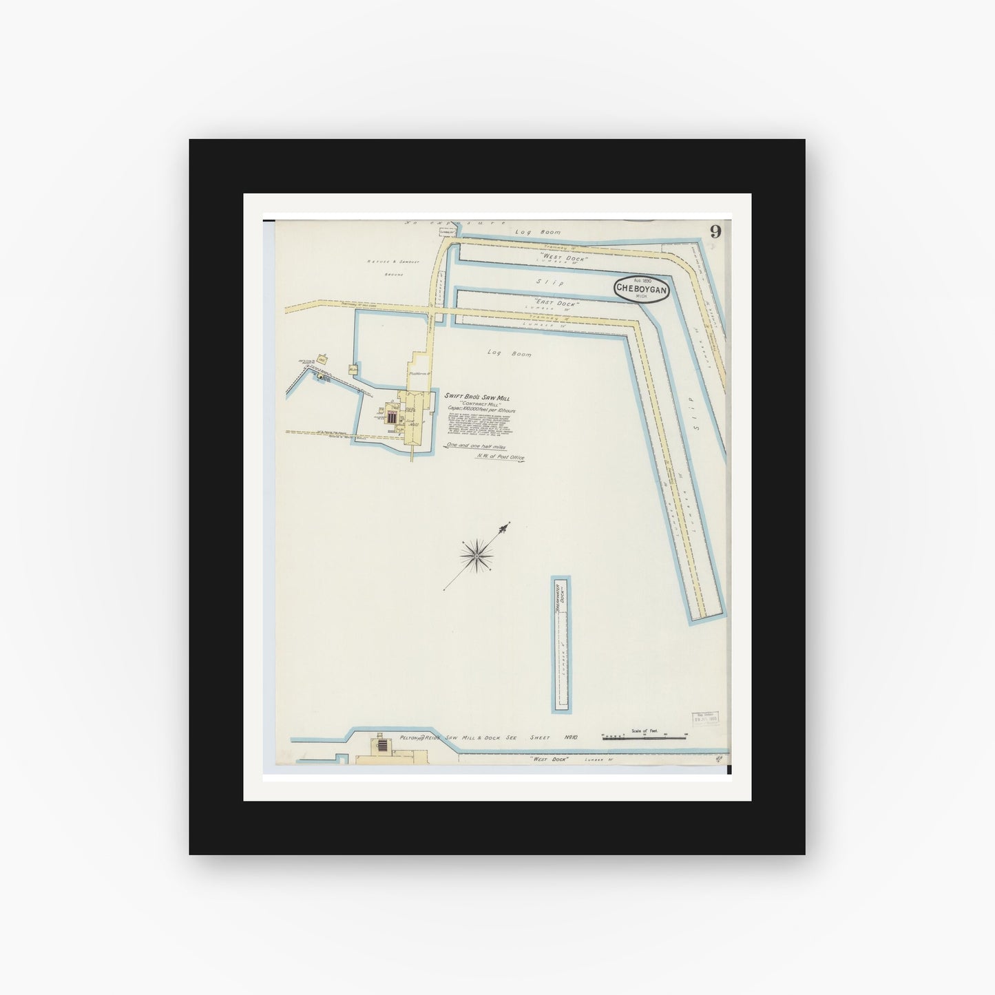 Old map wall art mockup — black gallery frame with white mat — Sanborn Fire Insurance Map from Cheboygan, Cheboygan County, Michigan (1890), Sheet #0009
