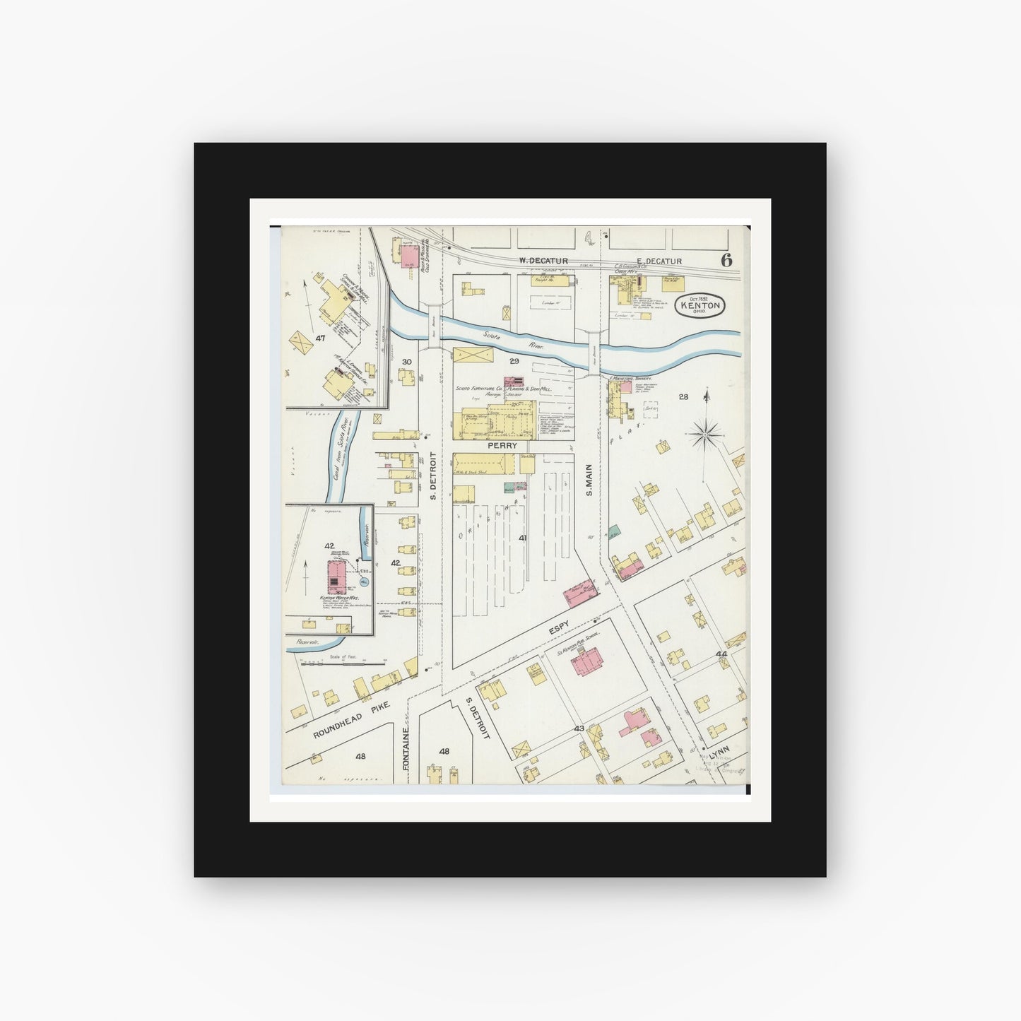 Old map wall art mockup — black gallery frame with white mat — Sanborn Fire Insurance Map from Kenton, Hardin County, Ohio (1892), Sheet #0006