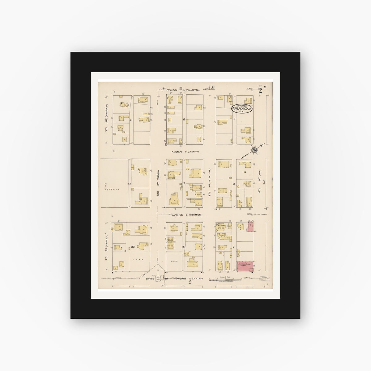 Old map wall art mockup — black gallery frame with white mat — Sanborn Fire Insurance Map from Apalachicola, Franklin County, Florida (1922), Sheet #0002