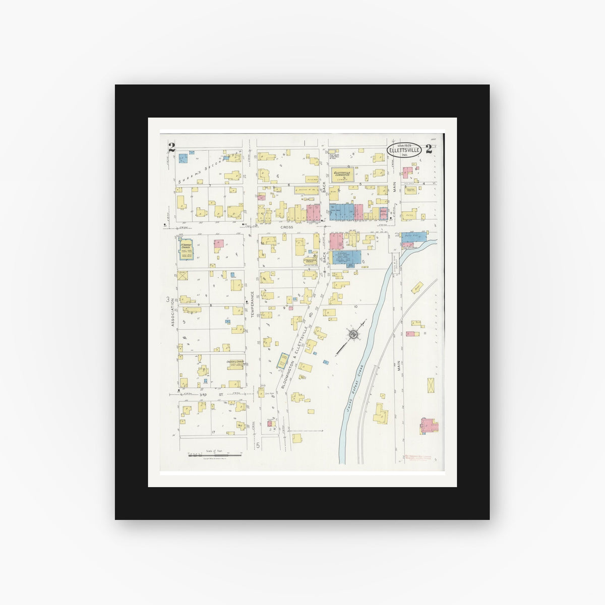 Old map wall art mockup — black gallery frame with white mat — Sanborn Fire Insurance Map from Ellettsville, Monroe County, Indiana (1929), Sheet #0002