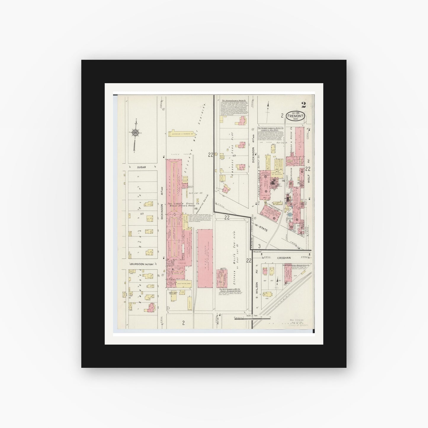 Old map wall art mockup — black gallery frame with white mat — Sanborn Fire Insurance Map from Fremont, Sandusky County, Ohio (1914), Sheet #0002