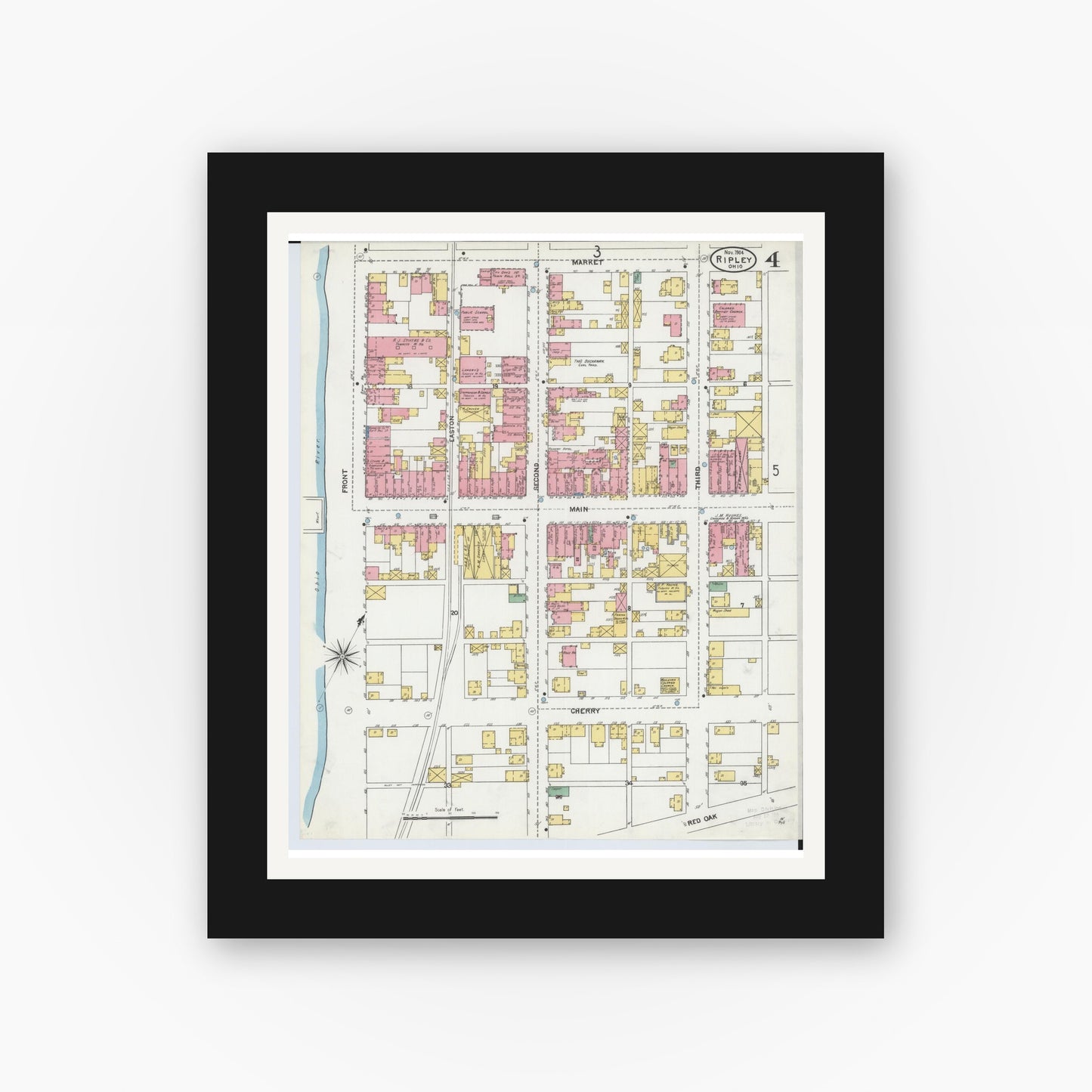 Old map wall art mockup — black gallery frame with white mat — Sanborn Fire Insurance Map from Ripley, Brown County, Ohio (1904), Sheet #0004