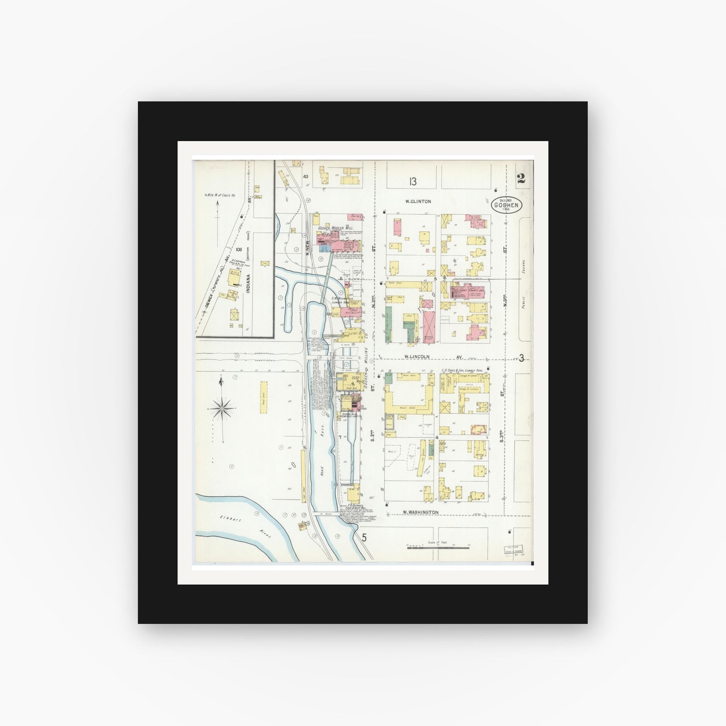 Old map wall art mockup — black gallery frame with white mat — Sanborn Fire Insurance Map from Goshen, Elkhart County, Indiana (1901), Sheet #0002
