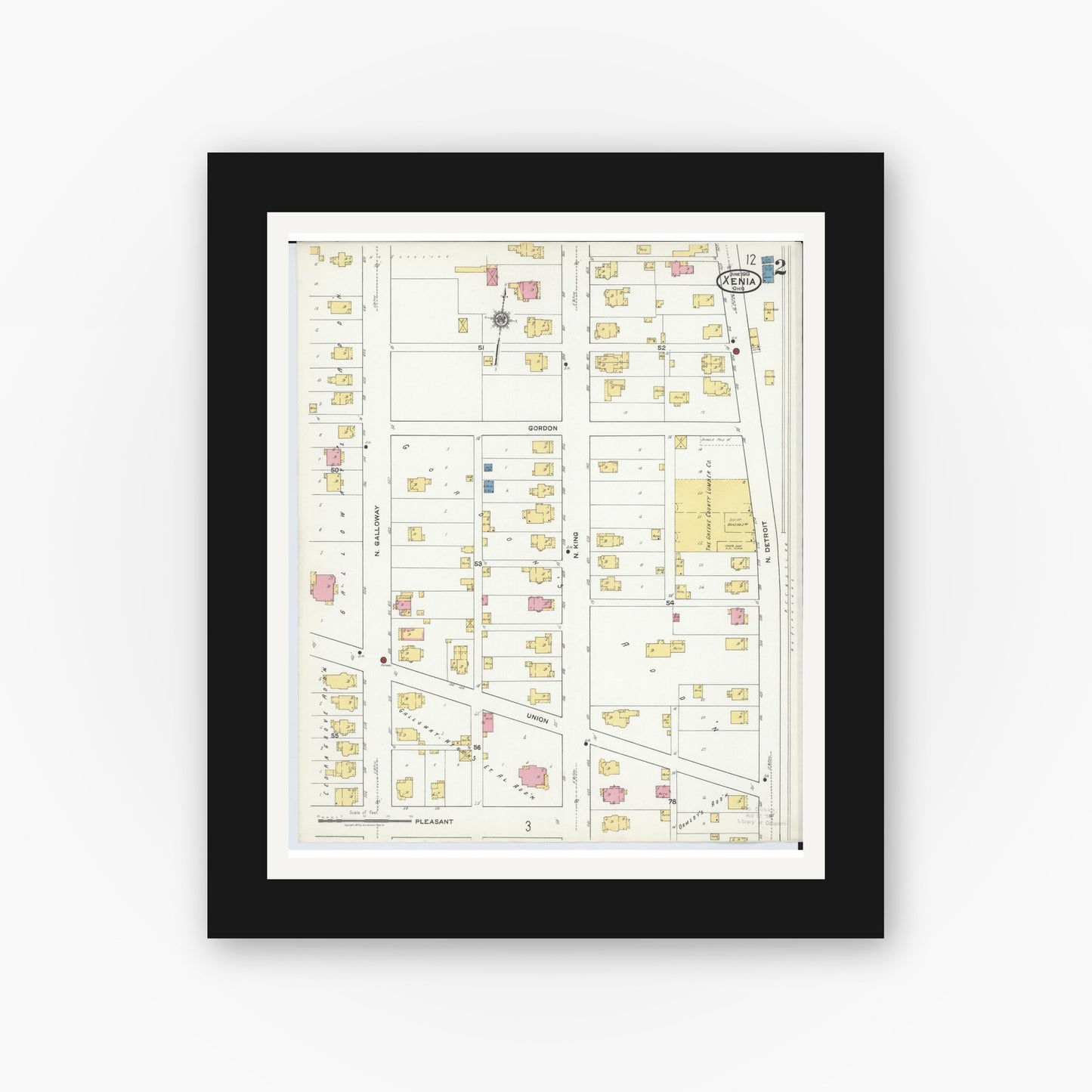 Old map wall art mockup — black gallery frame with white mat — Sanborn Fire Insurance Map from Xenia, Greene County, Ohio (1919), Sheet #0002