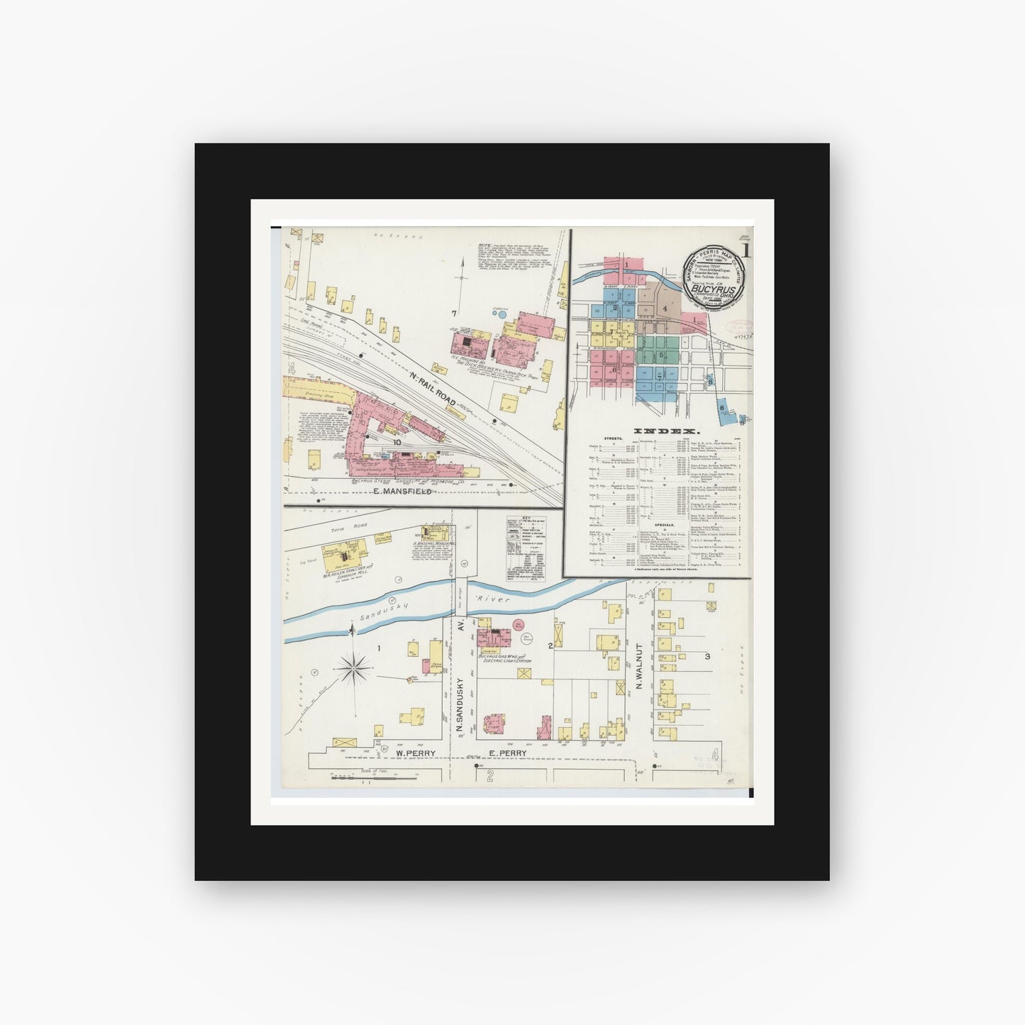Old map wall art mockup — black gallery frame with white mat — Sanborn Fire Insurance Map from Bucyrus, Crawford County, Ohio (1892) - Complete Map Set