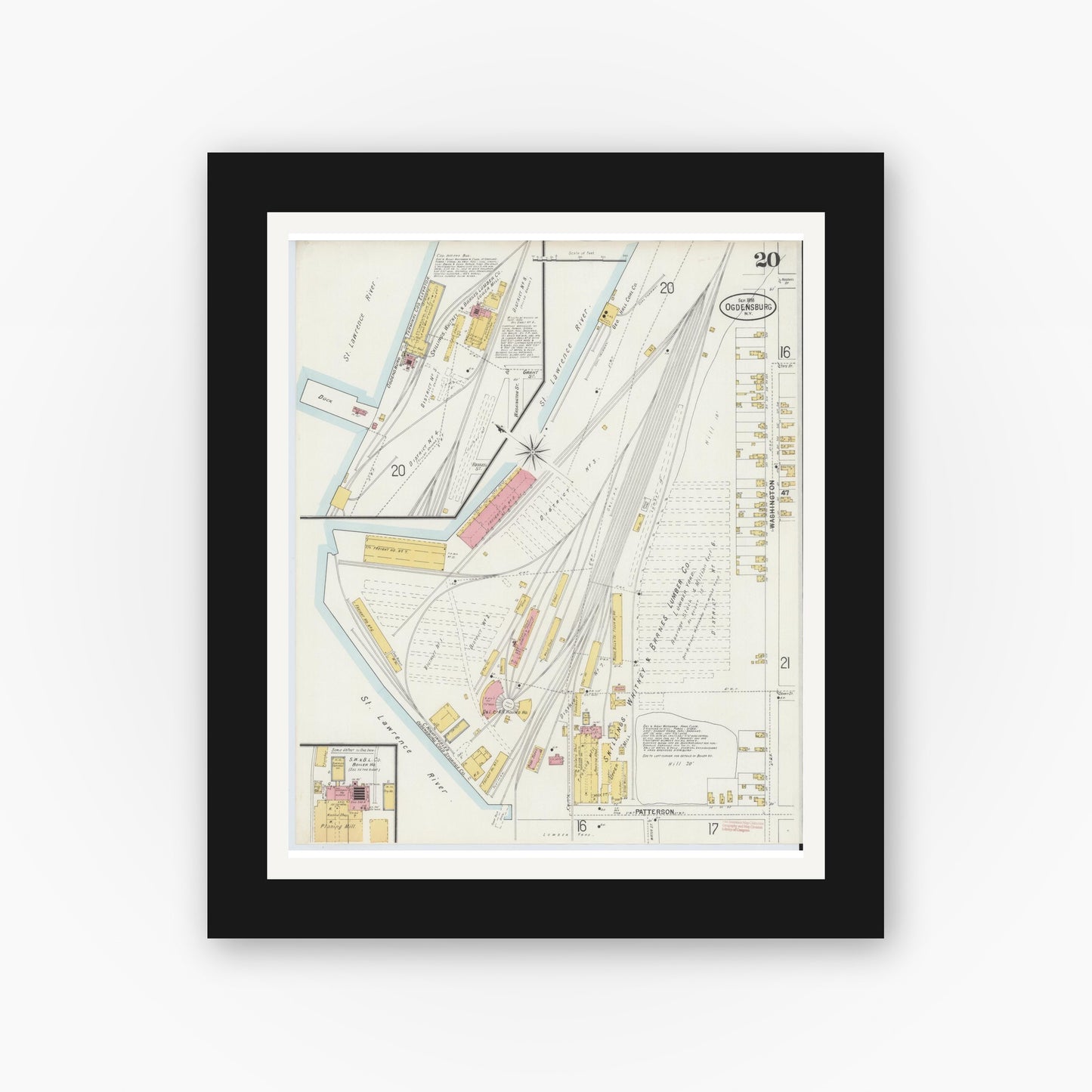 Old map wall art mockup — black gallery frame with white mat — Sanborn Fire Insurance Map from Ogdensburg, St. Lawrence County, New York (1898), Sheet #0020