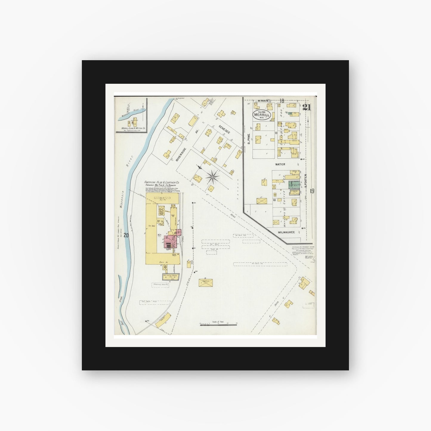 Old map wall art mockup — black gallery frame with white mat — Sanborn Fire Insurance Map from Merrill, Lincoln County, Wisconsin (1902), Sheet #0021