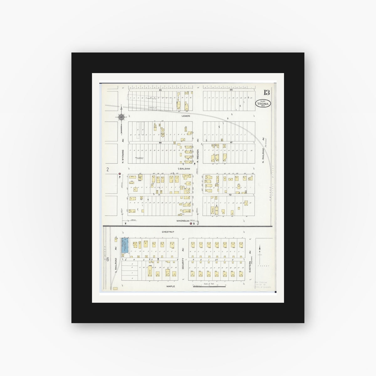 Old map wall art mockup — black gallery frame with white mat — Sanborn Fire Insurance Map from Virginia, Saint Louis County, Minnesota (1910), Sheet #0013