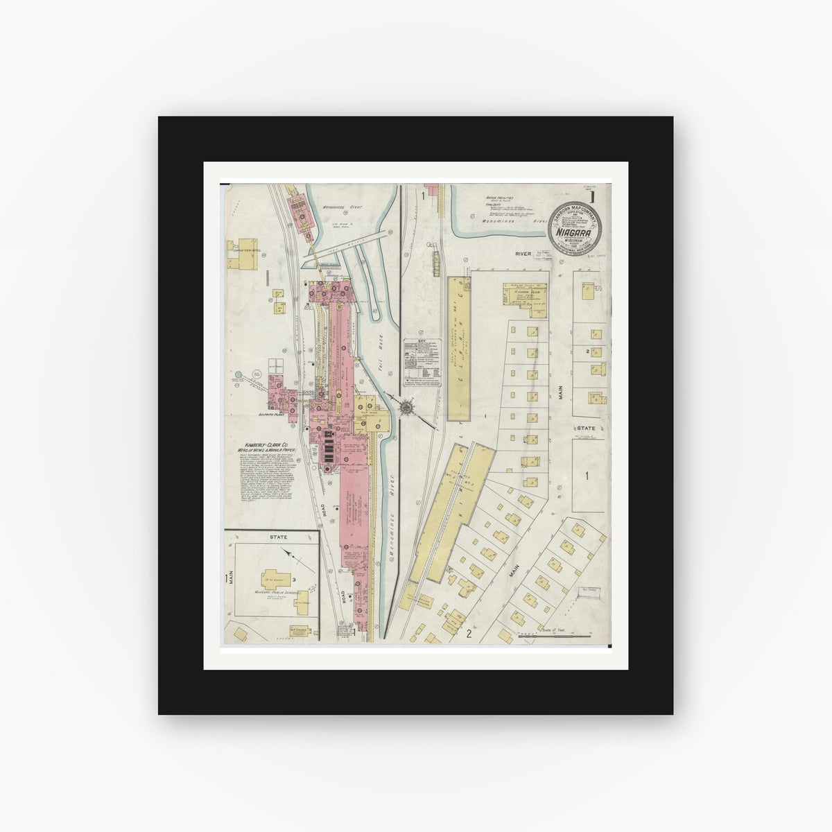 Old map wall art mockup — black gallery frame with white mat — Sanborn Fire Insurance Map from Niagara, Marinette County, Wisconsin (1911), Sheet #0001
