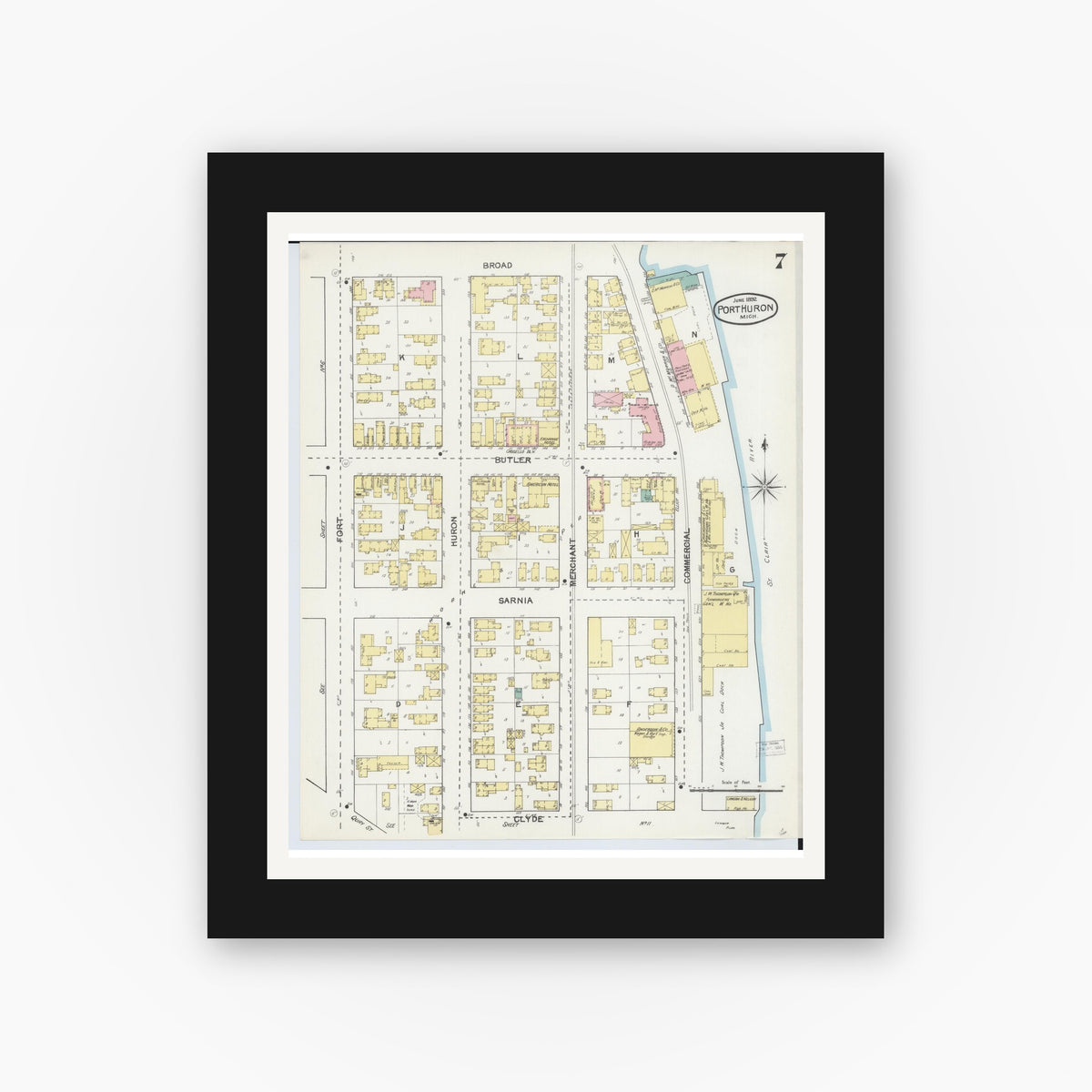 Old map wall art mockup — black gallery frame with white mat — Sanborn Fire Insurance Map from Port Huron, Saint Clair County, Michigan (1892), Sheet #0007
