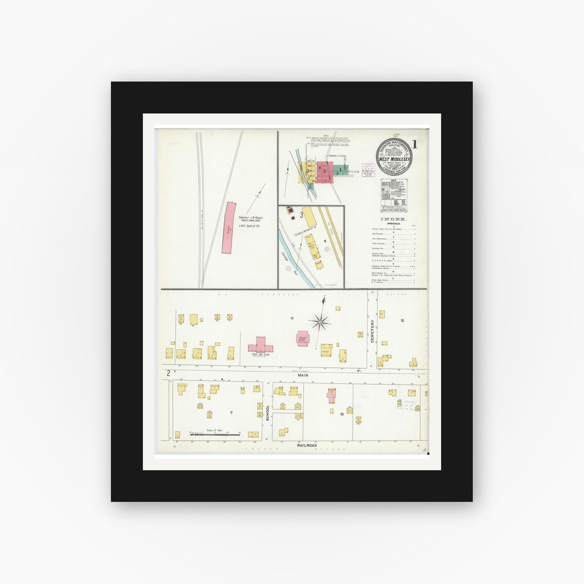 Old map wall art mockup — black gallery frame with white mat — Sanborn Fire Insurance Map from West Middlesex, Mercer County, Pennsylvania (1905), Sheet #0001