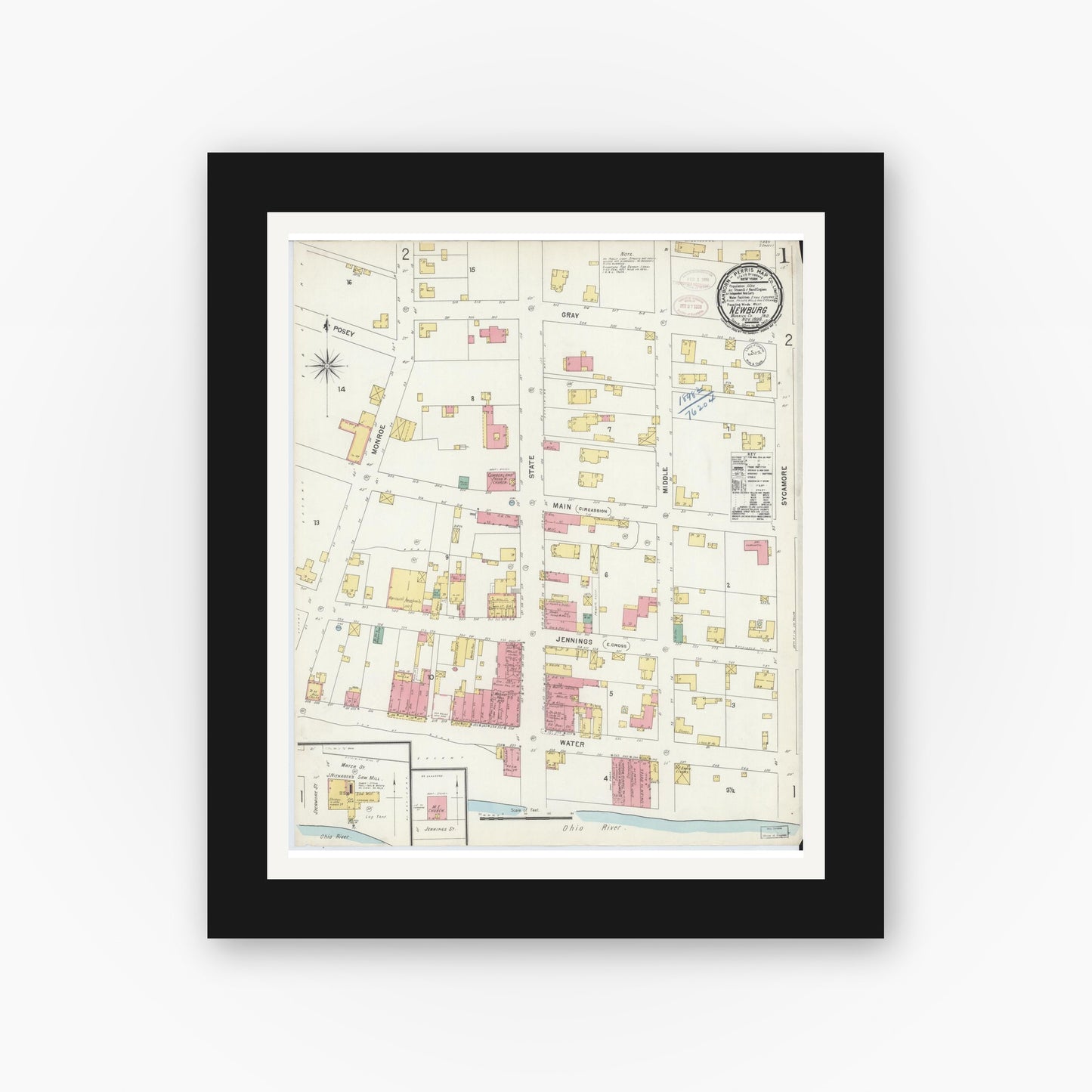 Old map wall art mockup — black gallery frame with white mat — Sanborn Fire Insurance Map from Newburgh, Warrick County, Indiana (1898) - Complete Map Set