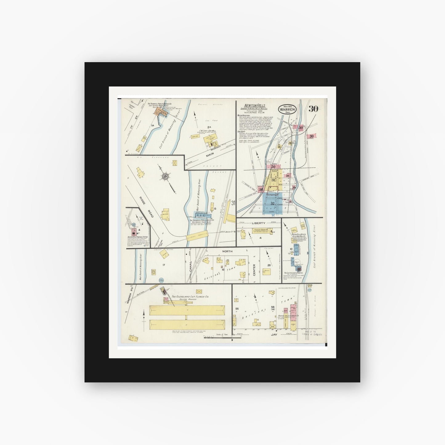 Old map wall art mockup — black gallery frame with white mat — Sanborn Fire Insurance Map from Warren, Trumbull County, Ohio (1915), Sheet #0030