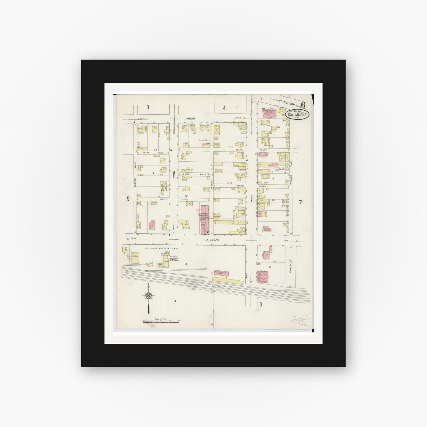 Old map wall art mockup — black gallery frame with white mat — Sanborn Fire Insurance Map from Columbiana, Columbiana County, Ohio (1915), Sheet #0006