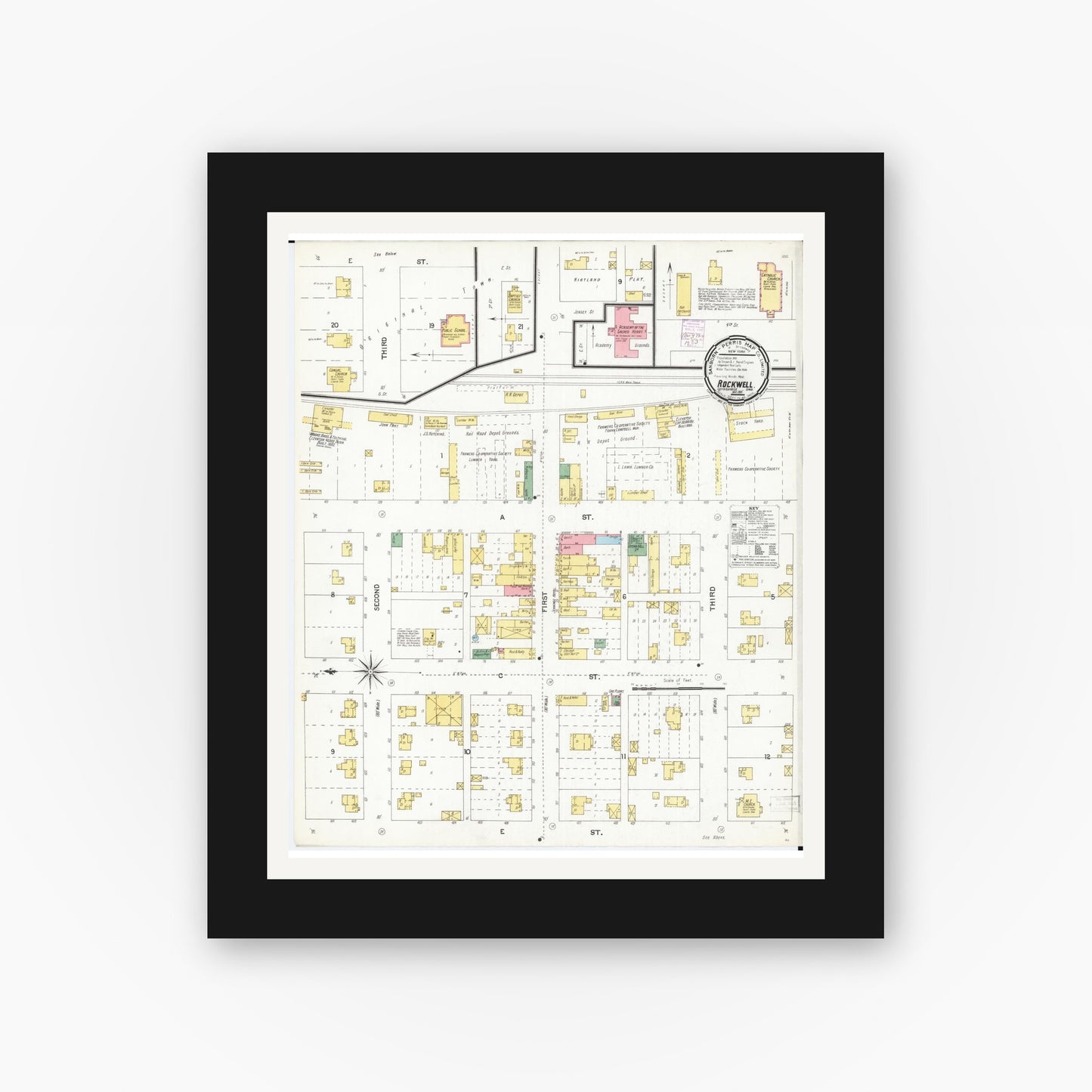 Old map wall art mockup β black gallery frame with white mat β Sanborn Fire Insurance Map from Rockwell, Cerro Gordo County, Iowa (1901), Sheet #0001