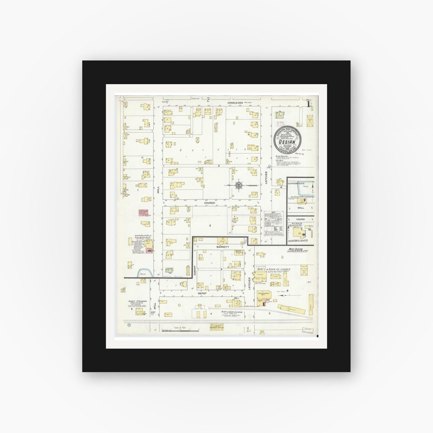 Old map wall art mockup — black gallery frame with white mat — Sanborn Fire Insurance Map from Ossian, Wells County, Indiana (1912) - Complete Map Set