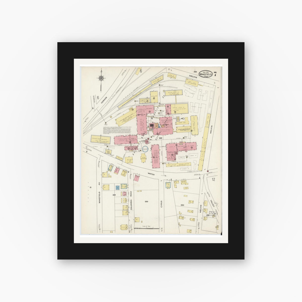 Old map wall art mockup — black gallery frame with white mat — Sanborn Fire Insurance Map from Wakefield, Middlesex County, Massachusetts (1915), Sheet #0007