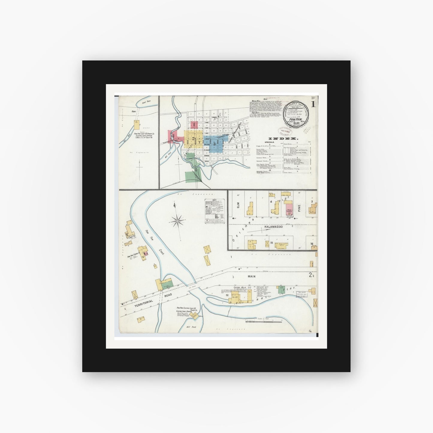 Old map wall art mockup — black gallery frame with white mat — Sanborn Fire Insurance Map from Paw Paw, Van Buren County, Michigan (1899) - Complete Map Set