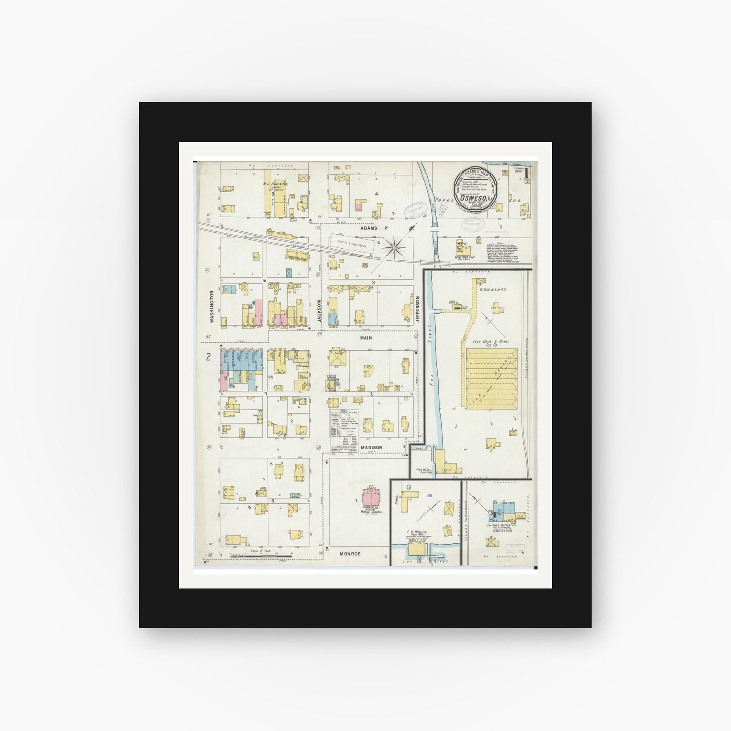 Old map wall art mockup — black gallery frame with white mat — Sanborn Fire Insurance Map from Oswego, Kendall County, Illinois (1898) - Complete Map Set