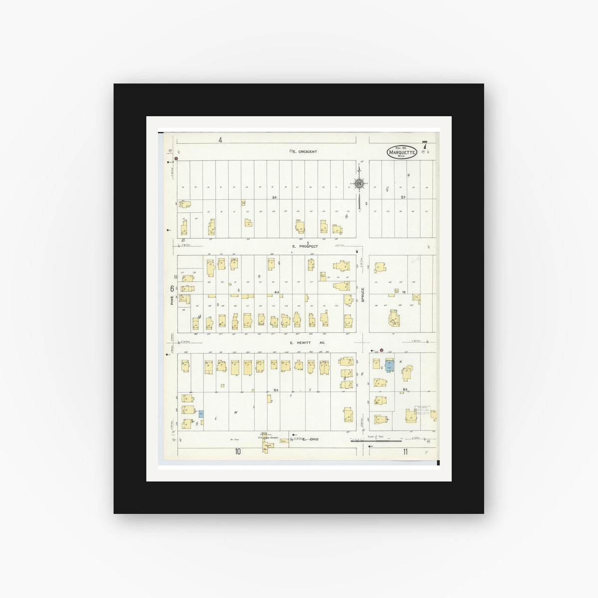 Old map wall art mockup — black gallery frame with white mat — Sanborn Fire Insurance Map from Marquette, Marquette County, Michigan (1911), Sheet #0007