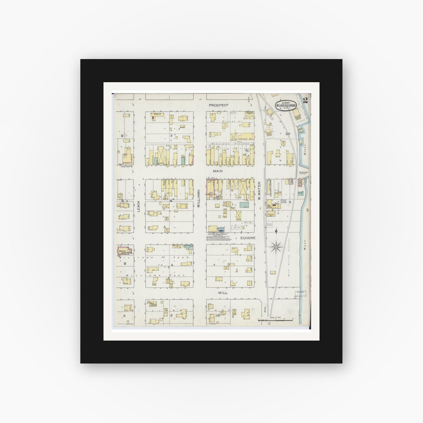 Old map wall art mockup — black gallery frame with white mat — Sanborn Fire Insurance Map from Winneconne, Winnebago County, Wisconsin (1893), Sheet #0002
