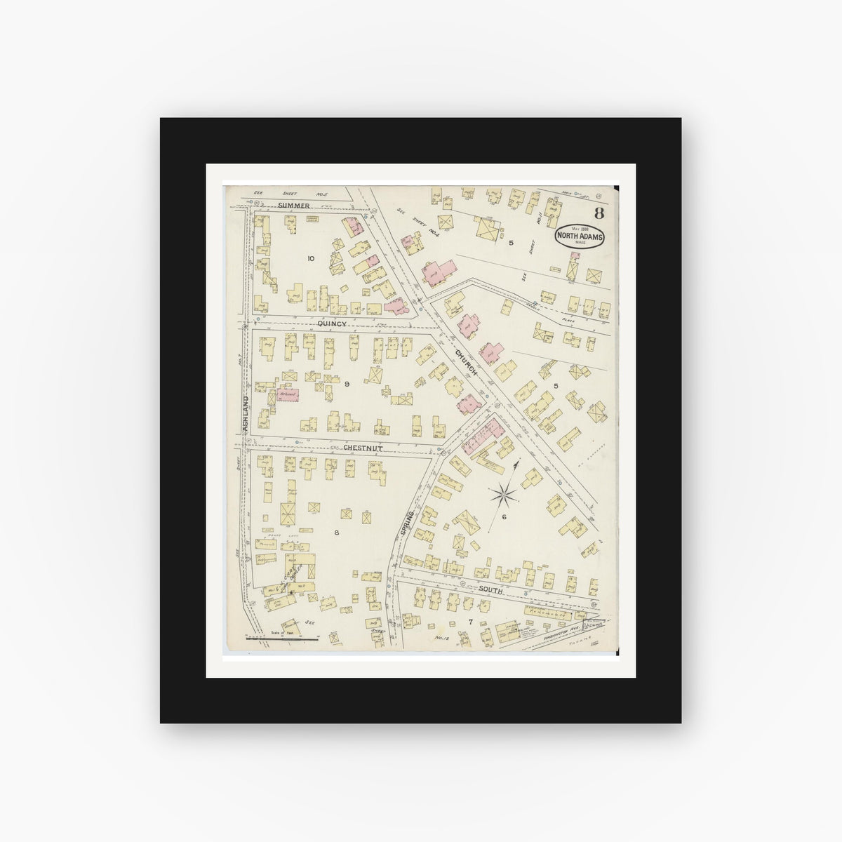 Old map wall art mockup — black gallery frame with white mat — Sanborn Fire Insurance Map from North Adams, Berkshire County, Massachusetts (1888), Sheet #0008