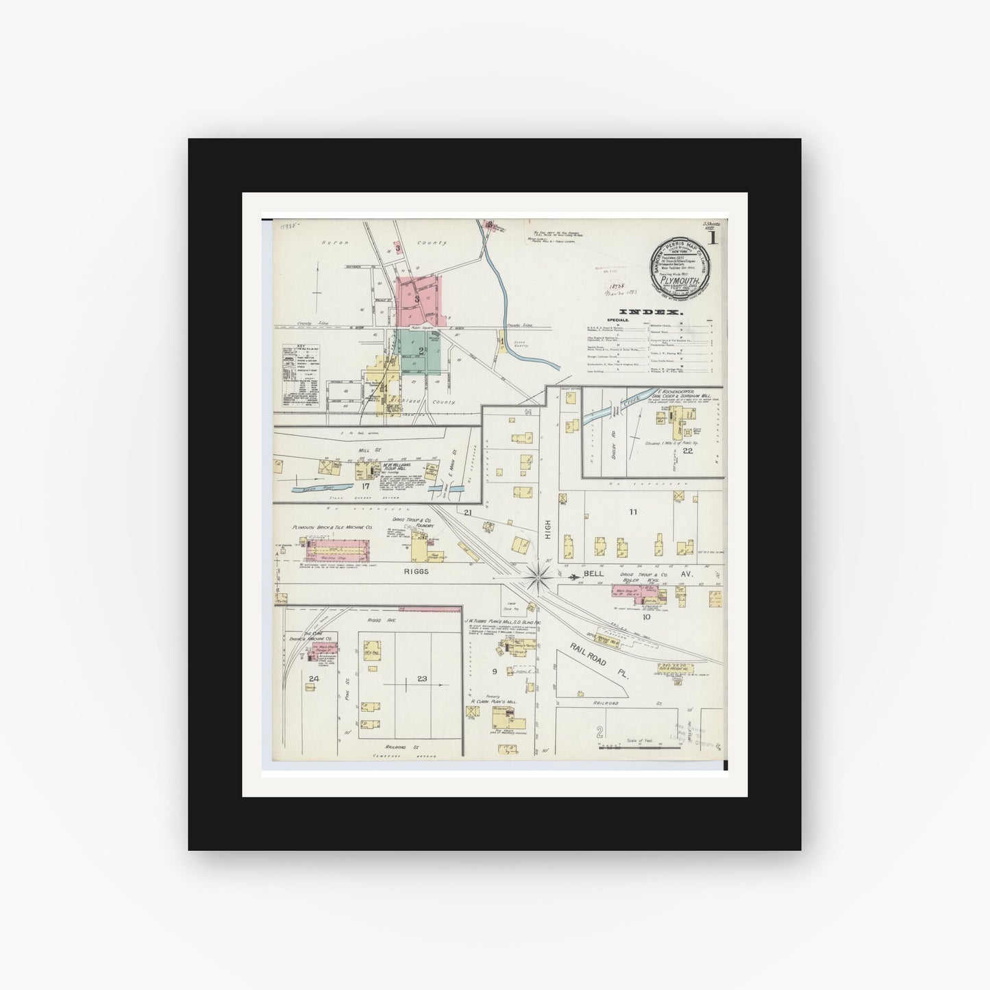 Old map wall art mockup — black gallery frame with white mat — Sanborn Fire Insurance Map from Plymouth, Huron And Richland Counties, Ohio (1893), Sheet #0001