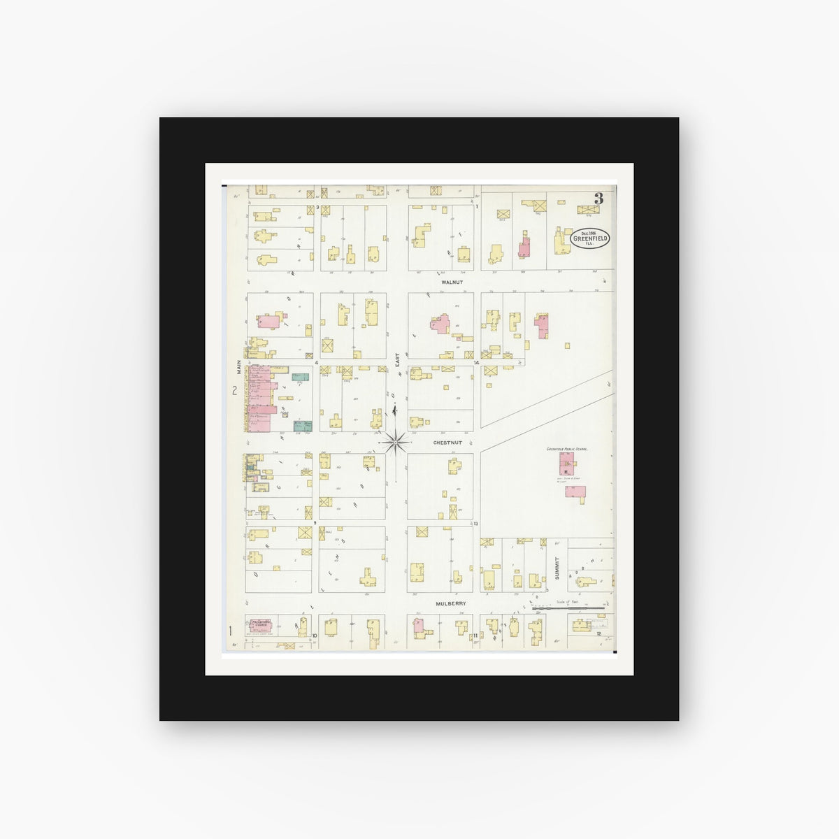 Old map wall art mockup — black gallery frame with white mat — Sanborn Fire Insurance Map from Greenfield, Greene County, Illinois (1906), Sheet #0003