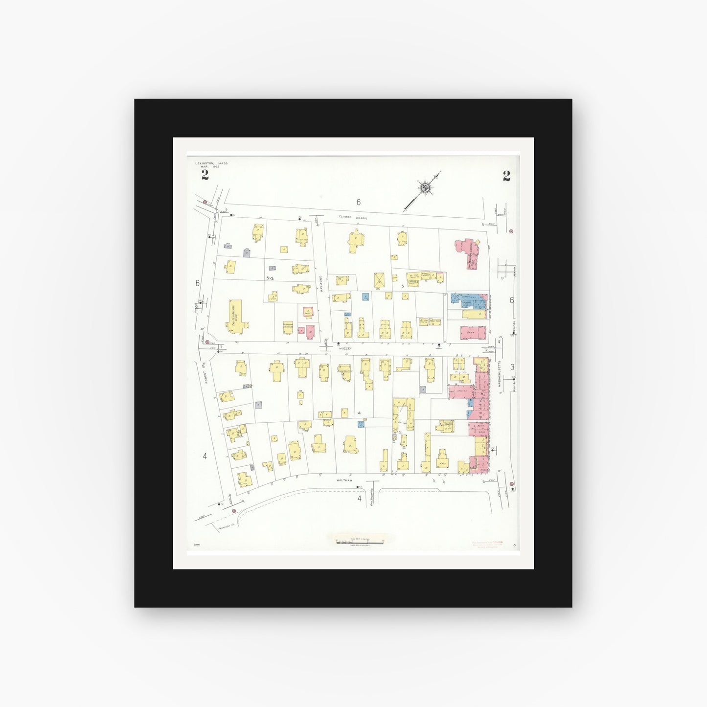 Old map wall art mockup — black gallery frame with white mat — Sanborn Fire Insurance Map from Lexington, Middlesex County, Massachusetts (1935), Sheet #0002