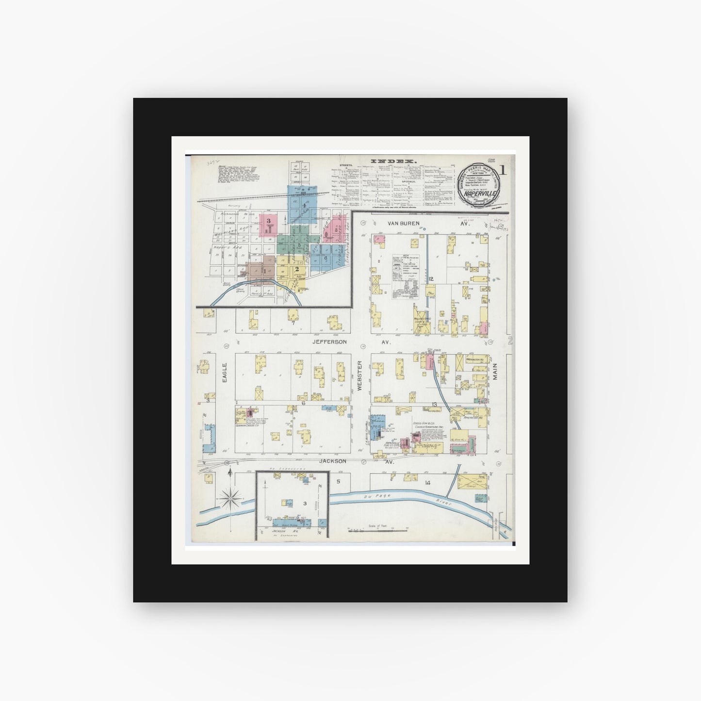 Old map wall art mockup — black gallery frame with white mat — Sanborn Fire Insurance Map from Naperville, Du Page County, Illinois (1892) - Complete Map Set
