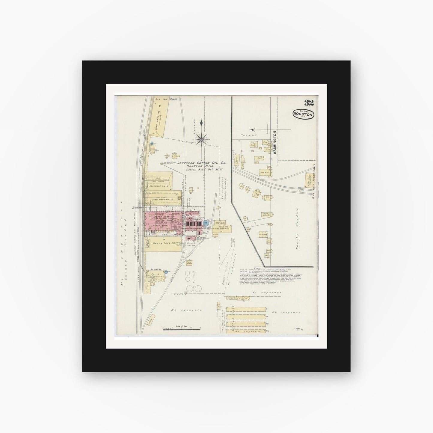 Old map wall art mockup — black gallery frame with white mat — Sanborn Fire Insurance Map from Houston, Harris County, Texas (1890), Sheet #0032