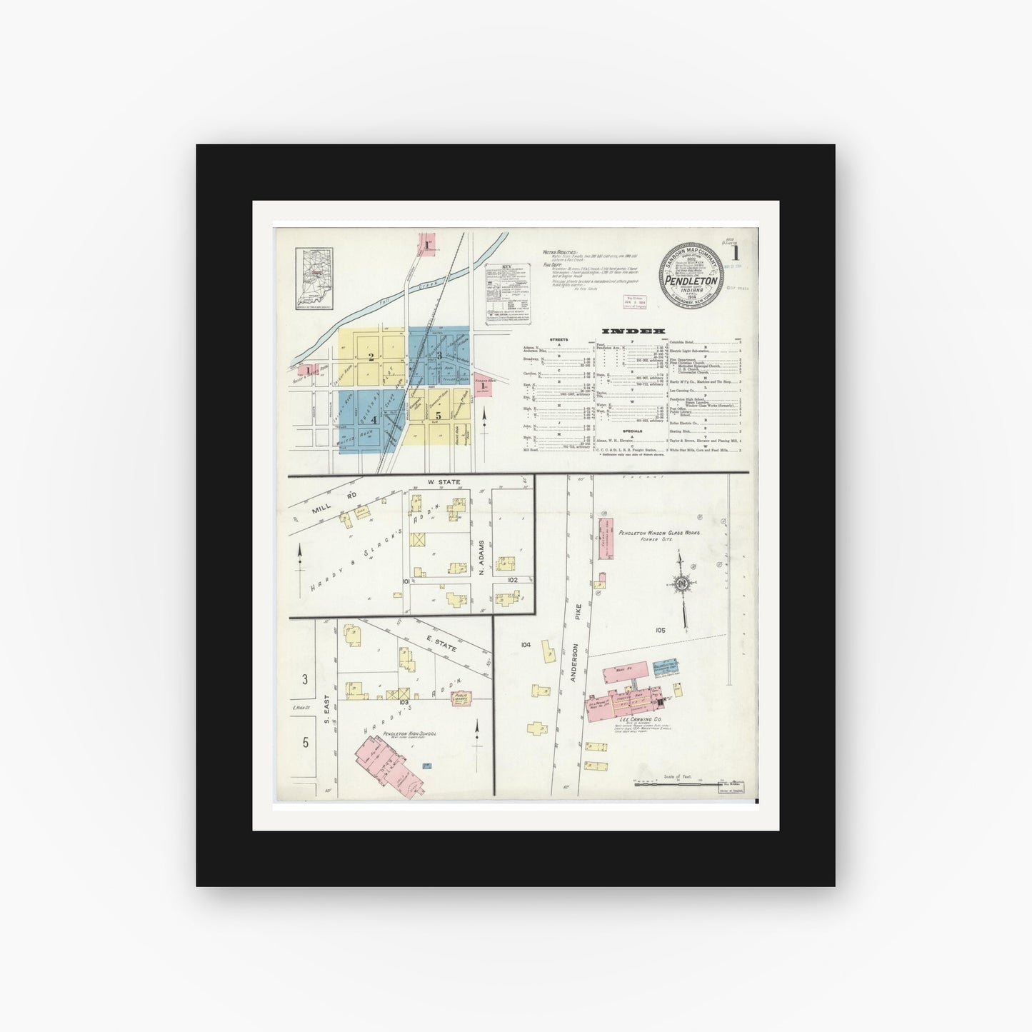 Old map wall art mockup — black gallery frame with white mat — Sanborn Fire Insurance Map from Pendleton, Madison County, Indiana (1914) - Complete Map Set