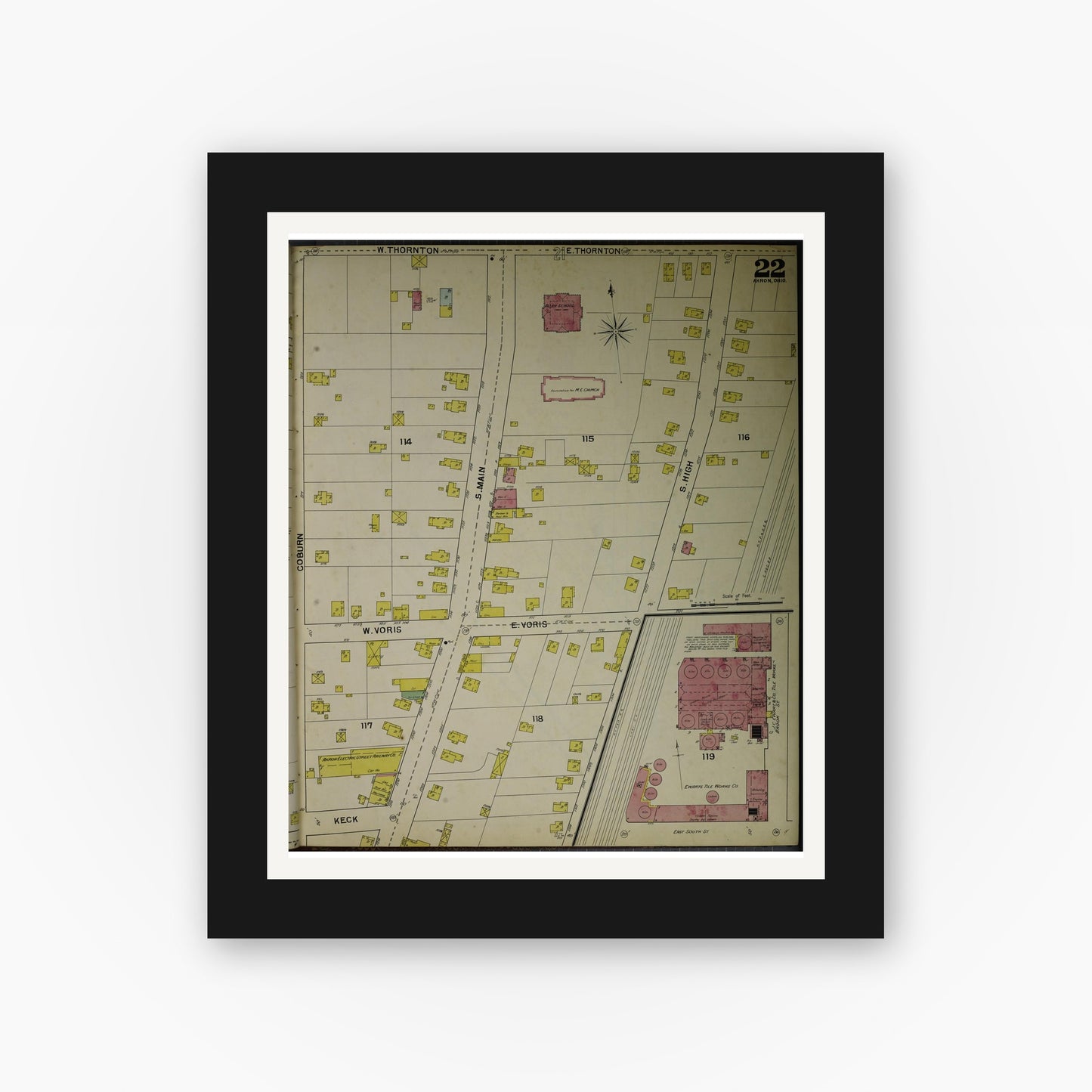 Old map wall art mockup — black gallery frame with white mat — Sanborn Fire Insurance Map from Akron, Summit County, Ohio (1892), Sheet #0022