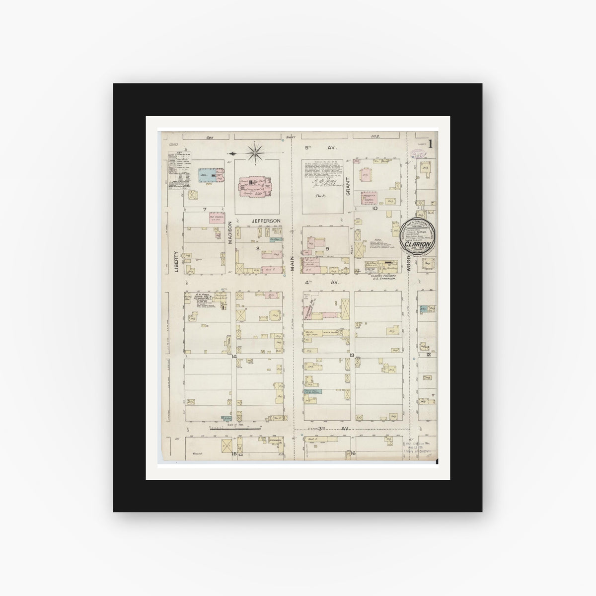 Old map wall art mockup — black gallery frame with white mat — Sanborn Fire Insurance Map from Clarion, Clarion County, Pennsylvania (1887) - Complete Map Set