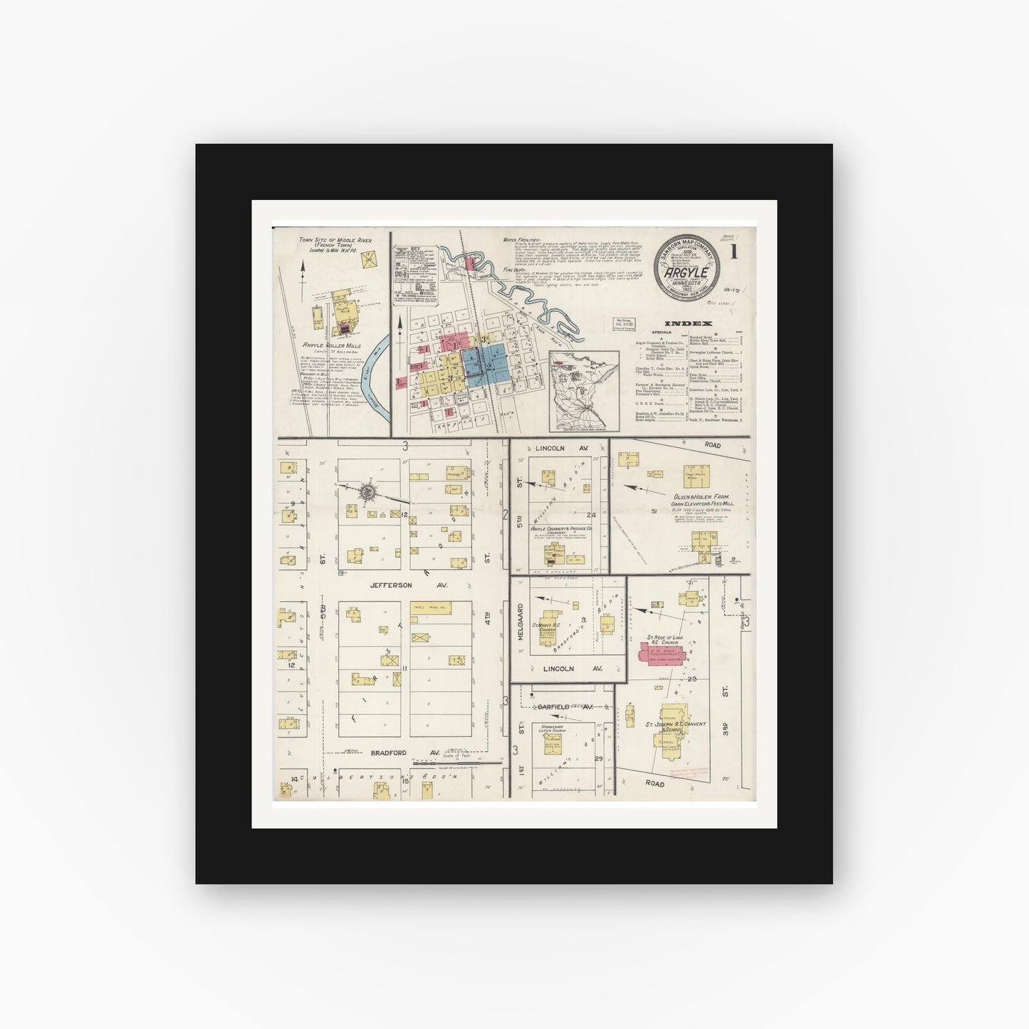 Old map wall art mockup — black gallery frame with white mat — Sanborn Fire Insurance Map from Argyle, Marshall County, Minnesota (1922), Sheet #0001