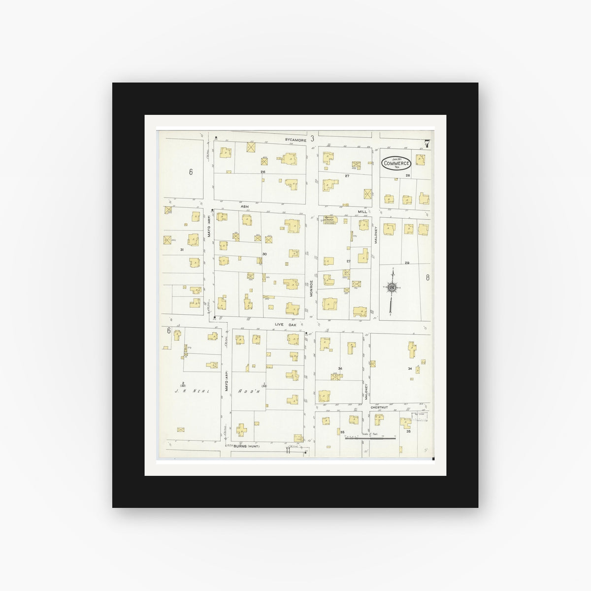 Old map wall art mockup — black gallery frame with white mat — Sanborn Fire Insurance Map from Commerce, Hunt County, Texas (1911), Sheet #0007